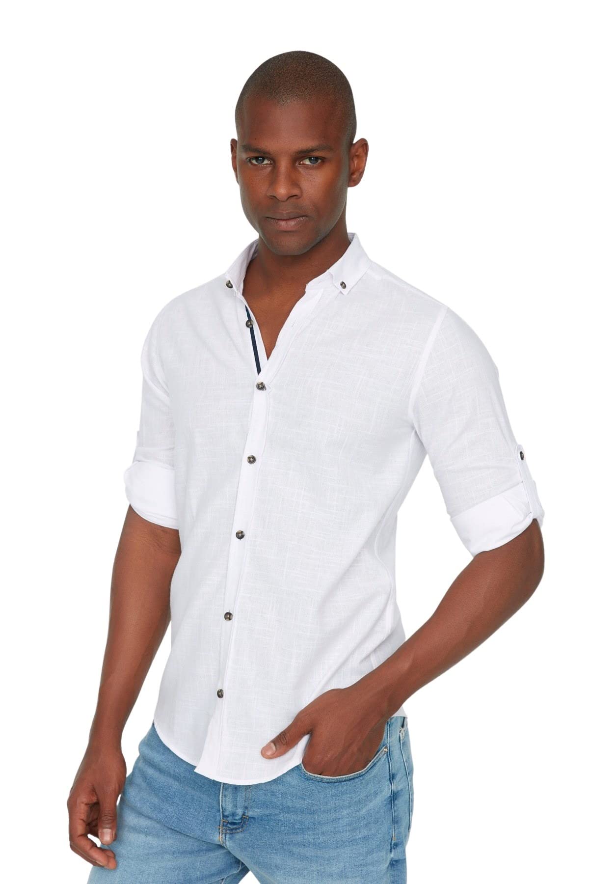 Trendyol Man Slim Basic Button Placket Woven Shirt Weiß