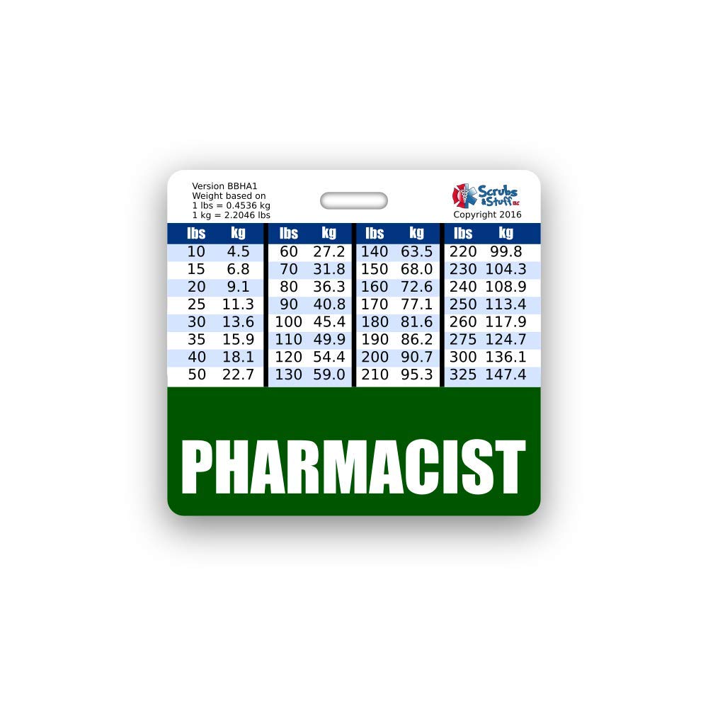 Pharmacist Badge Buddy Horizontal w/Height & Weight Conversion Charts (Standard, Hunter Green)