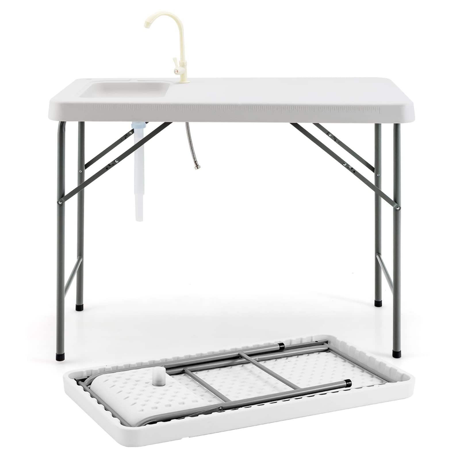 GOPLUS Mesa Plegable Camping con Fregadero Profundo y Grifo Giratorio de 360°, Mesa Jardin Comedor con Tablero de HDPE y Soporte de Metal para Barbacoa, Pícnic, Carga 150 kg, Blanco(115 x 59 x 94 cm)