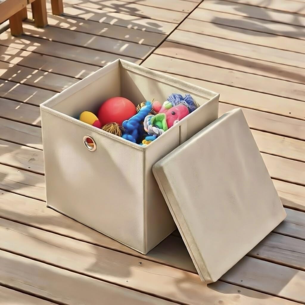Stick&Shine 4x Aufbewahrungs Korb Creme Faltbox 32 x 32 x 32 cm Regalkorb faltbar mit Deckel