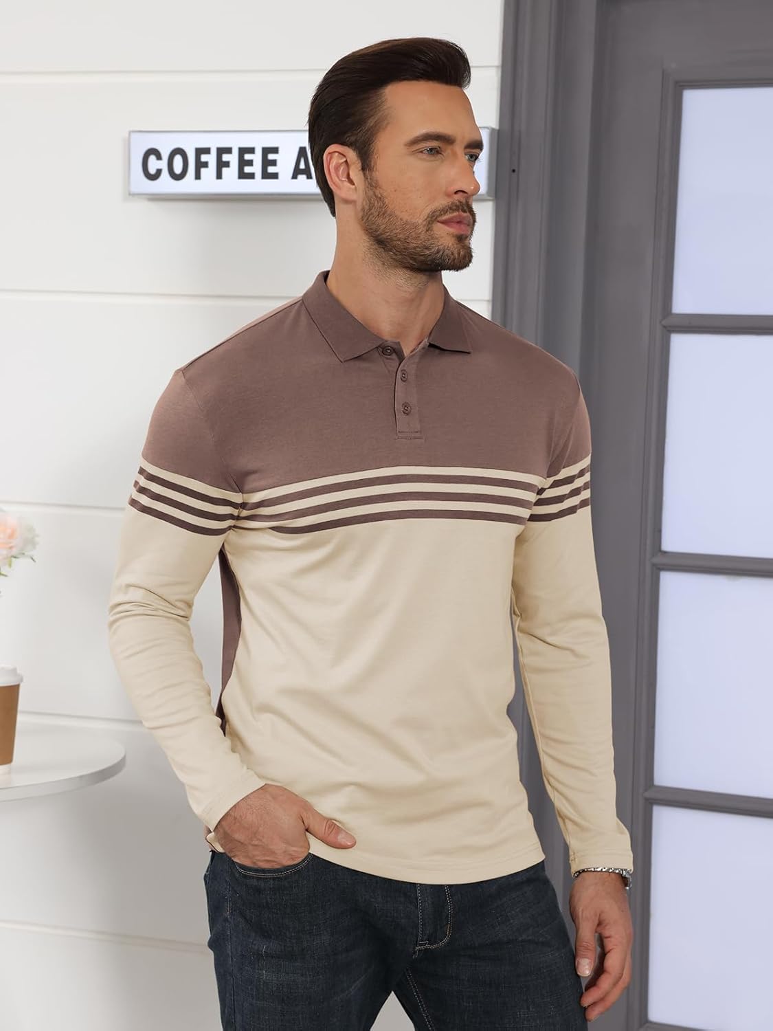 Men's Polo Shirts Long Sleeve Vintage Striped Golf Polo Casual Collared Slim Fit Cotton Shirts - Image 4