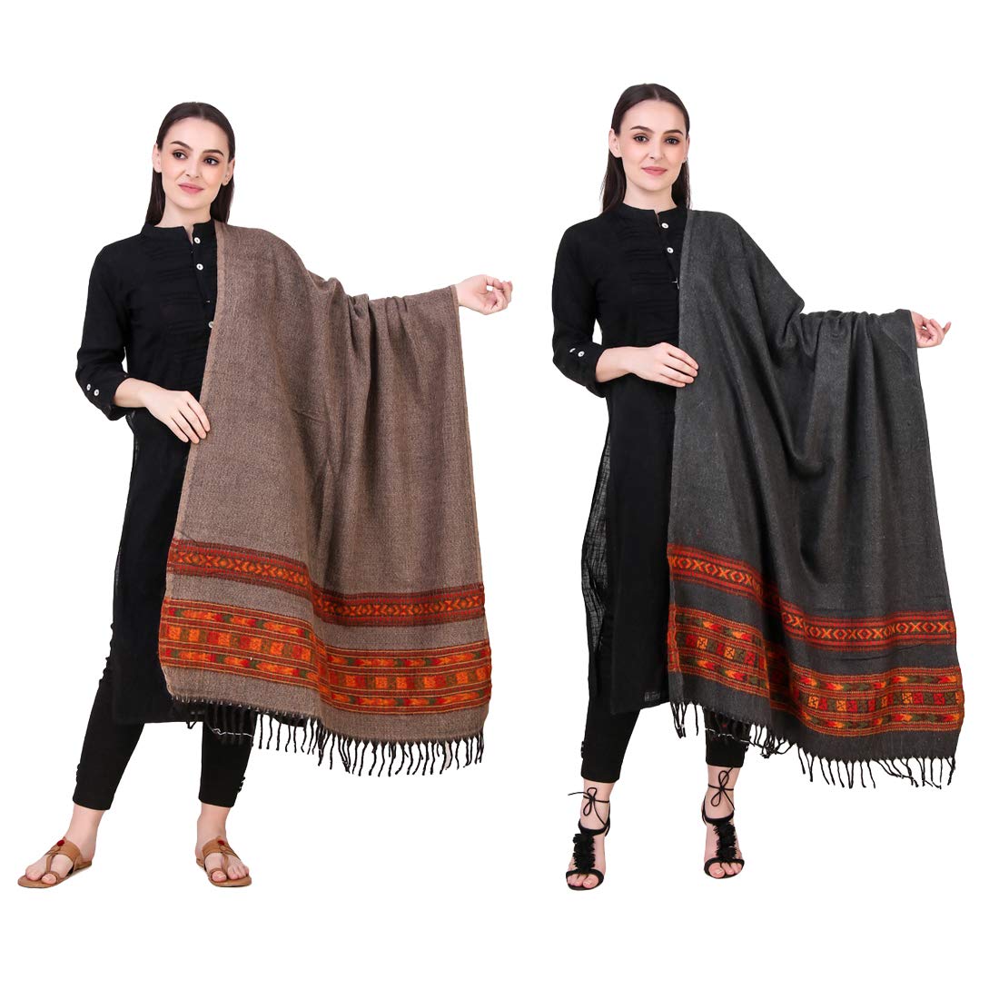 Kiba Retail Women'S New Warm And Soft Shawl With Border Embroidery_ Pack-2 Brown-Dark Grey_(70 X 38.5 Inches)