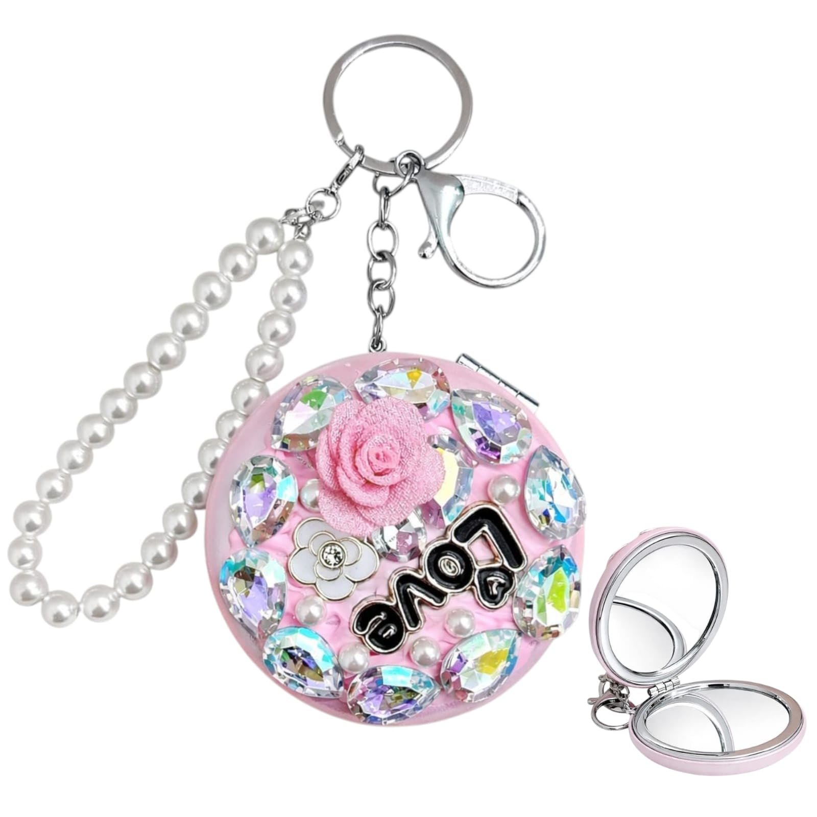 AMYCAUR Designer Round Mirror Keychain | Compact Makeup Mirror for Girls | Crystal Portable Miror, Small Mirror, Keychain Mirror for Women Purse, Bag, Handheld Folding Travel Mirror | (1 Pcs)