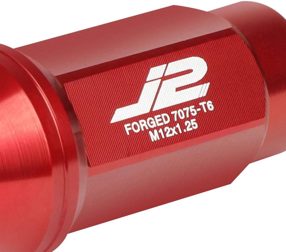 J2 Engineering T7-018 Close End Acorn Tuner Lug Nuts 20PC Set M12 x 1.25 Conical Seat (Red Anodized 7075 Forged Aluminum)