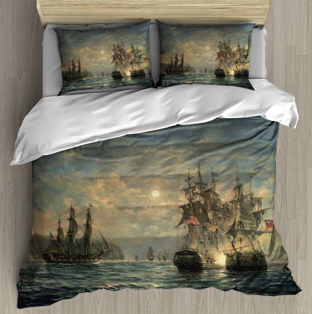 Duvet Cover Set Engagement Between The 'Bonhomme Richard' and The ' Serapis' Off Bedding Set Comforter Cover with Zipper Closure, Bed Quilt Cover Pillow Case for Girls Boys, 90"x102"