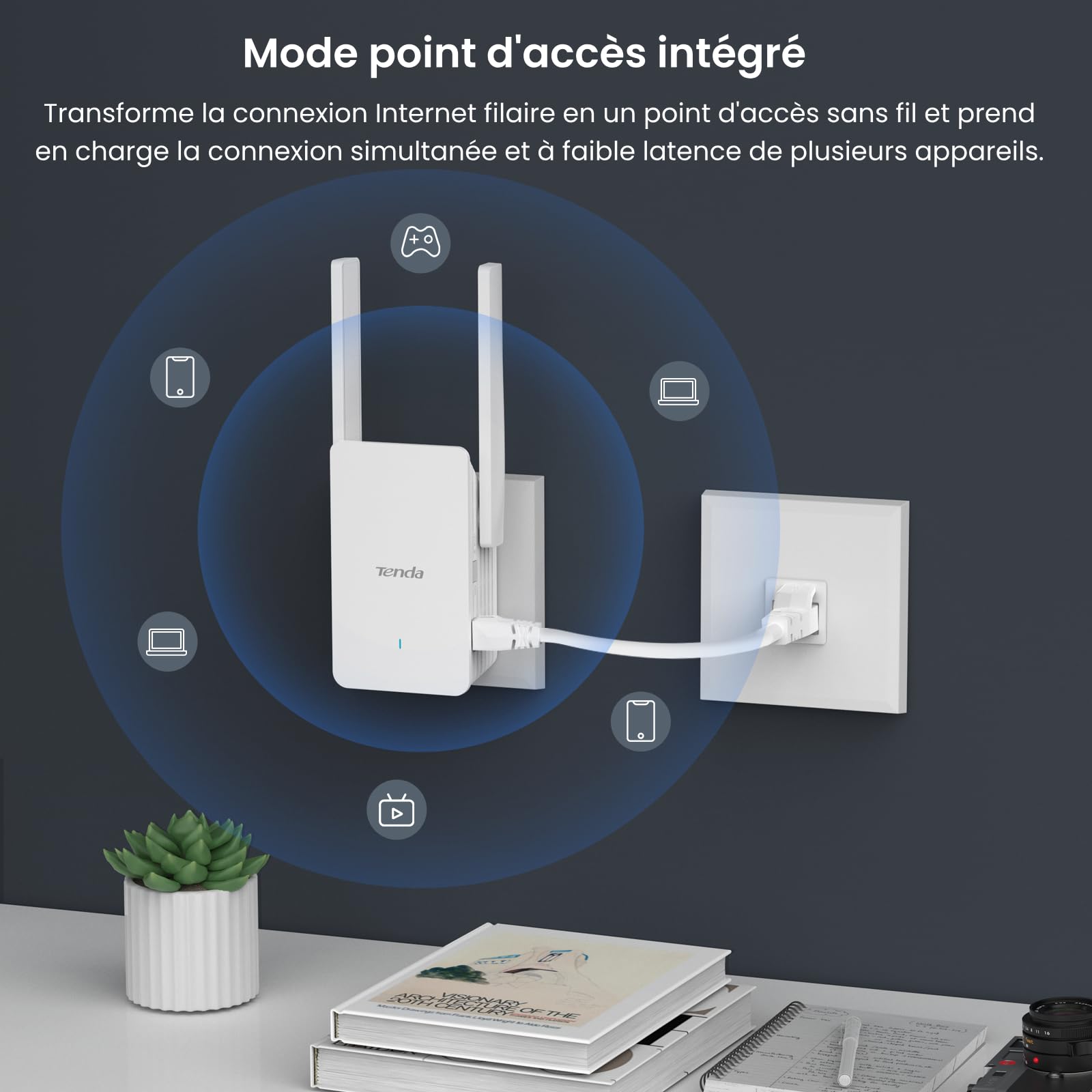 Tenda Répéteur WiFi 6 A33, Amplificateur WiFi AX3000 Mbps, Couvre jusqu'à 150 m², Compatible avec Les Routeurs, Mode AP, WPS, Voyant LED Intelligent