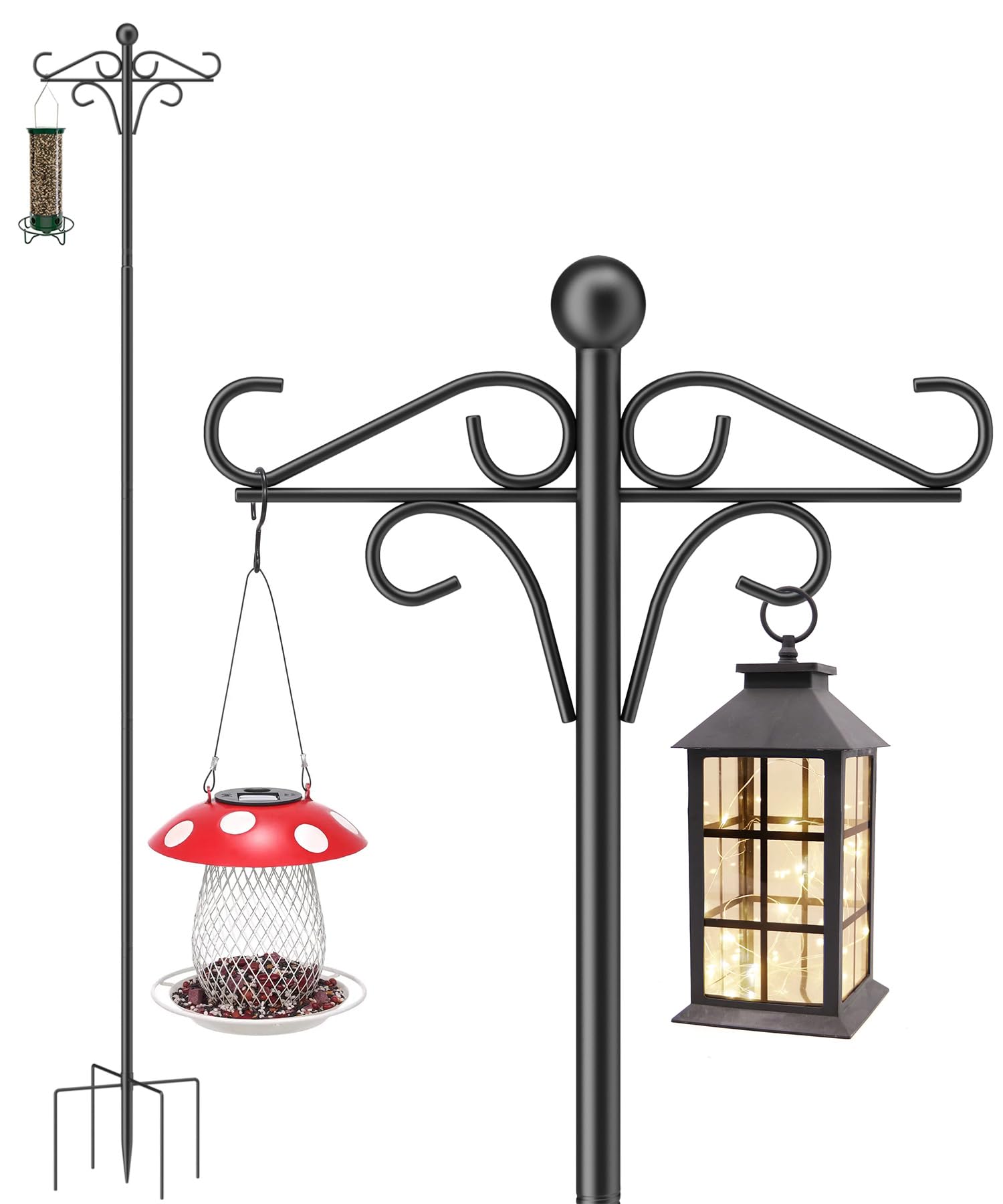 Qizenme Black Bird Feeders Hanging Station, 193Cm Free Standing Metal Feeding Pole And Hanger Heavy Duty Bird Feeding Stand Shepherd Crook Hook For Outdoor Garden Light Lantern (1 Pack)