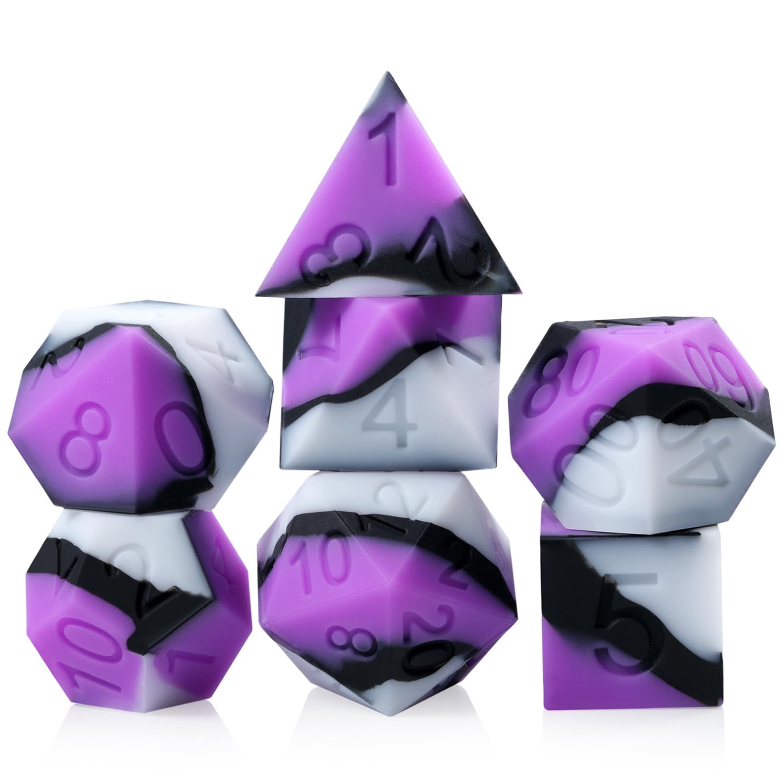 DNDND Silicone DND Dice Set, 7PCS Silicone Rubber D&D Die with Clear Plastic Display Case for Dungeons and Dragons Role Playing Games and Tabletop Games（Purple Black White