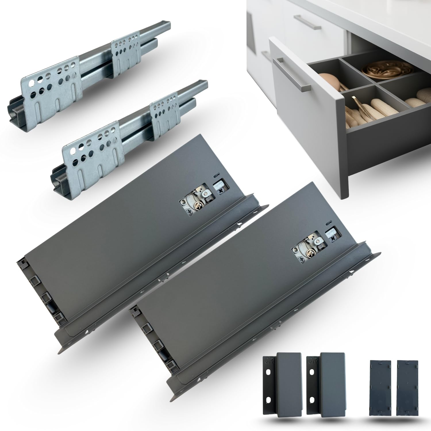 INDAUX Cajón en kit de extracción total para habitación de baño, cocina, oficina, nuevo diseño delgado, capacidad de carga de 40 kg, guías sincronizadas (H 120 mm - P 500 mm)