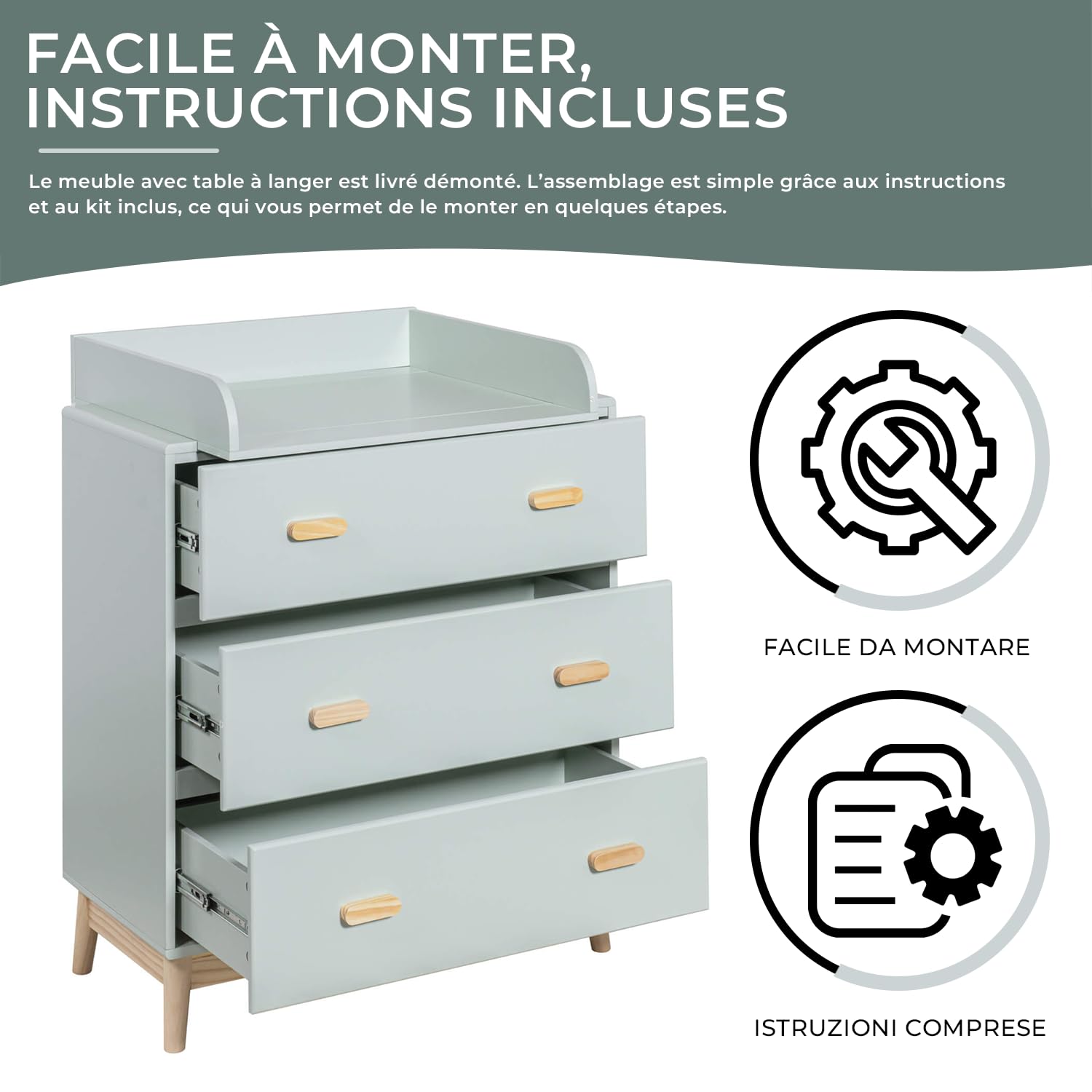 Rebecca Mobili Meuble avec Table à Langer, Commode Table à Langer, Vert Eau Marron, Pin MDF, Compact, avec Table à Langer Amovible - Dimensions HxLxP: 100 x 80 x 42 cm - Art. RE6985