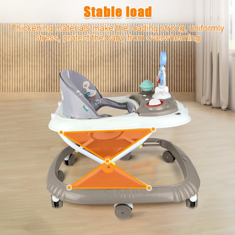 Girello Bambino Primi Passi per Bambini da 6 Mesi a 15 kg, Regolabile in Altezza, girello pieghevole per bambini con vassoio di gioco interattivo con suoni, 67 * 72 * 92cm - Cachi (B)