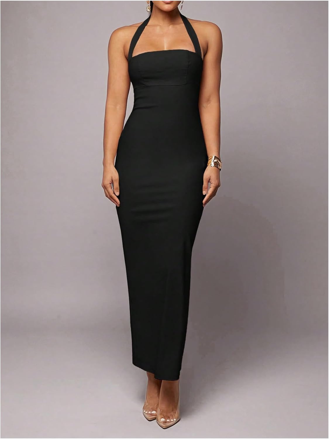 OYOANGLE Women's Sleeveless Halter Bodycon Long Dress Open Back Slit Hem Party Wedding Guest Dresses - Image 5