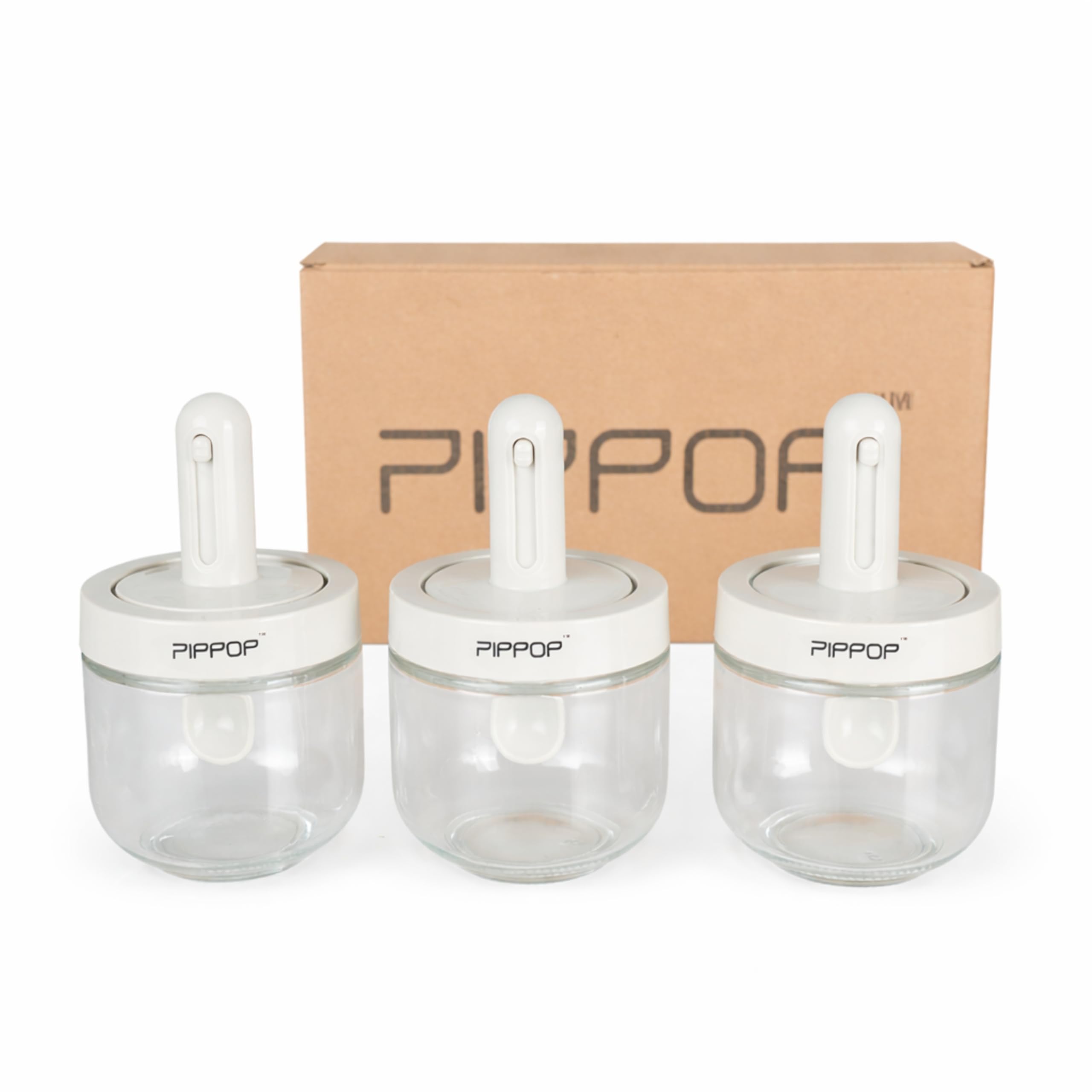 PipPop Glass Spice Jar Set of 3 (300 ml Each) – Transparent Masala Containers with Attached Spoon, Leak-Resistant Lid, Multipurpose Kitchen Storage Organizer