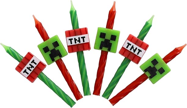 Minecraft Birthday Cake Candles | 6 Birthday Candles for Cake Decorations, Red & Green Striped Candles, Cake Toppers for Minecraft Party