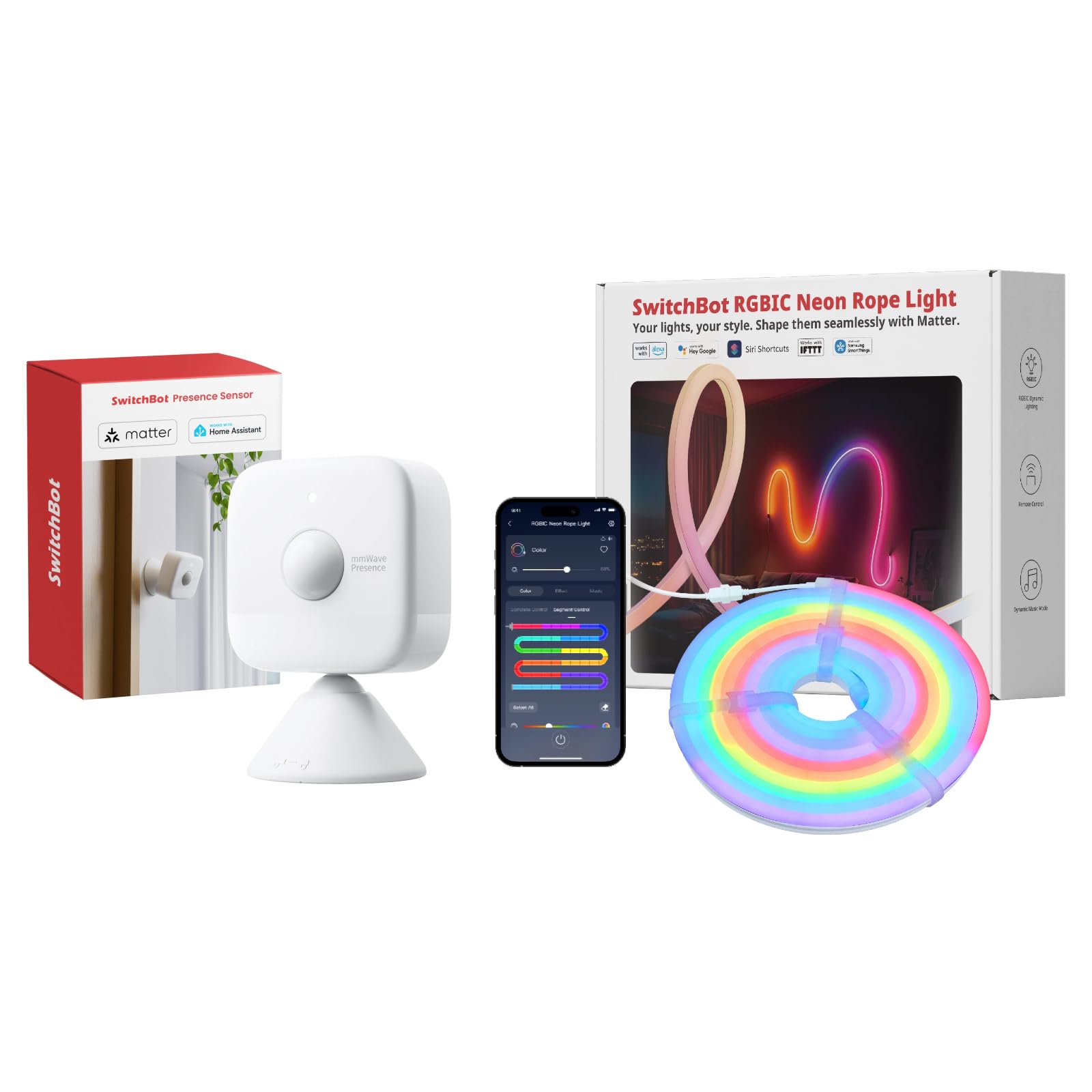 SwitchBot Smart mmWave Radar Bewegungssensor und RGBIC Neon Rope Light, Bluetooth Anwesenheitssensor mit dynamischer Erkennung, kompatibel mit Alexa, HomeKit & Apple Home über Hub