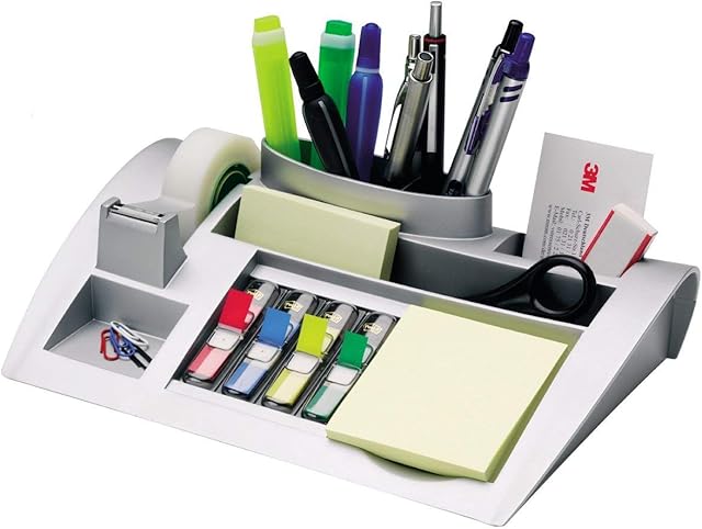 Post-it Desk Organizer, Silver Color - For Improved Workflow with Notes Index Tabs and Scotch Tape, 1x Organiser pre-loaded with stationery and supplies