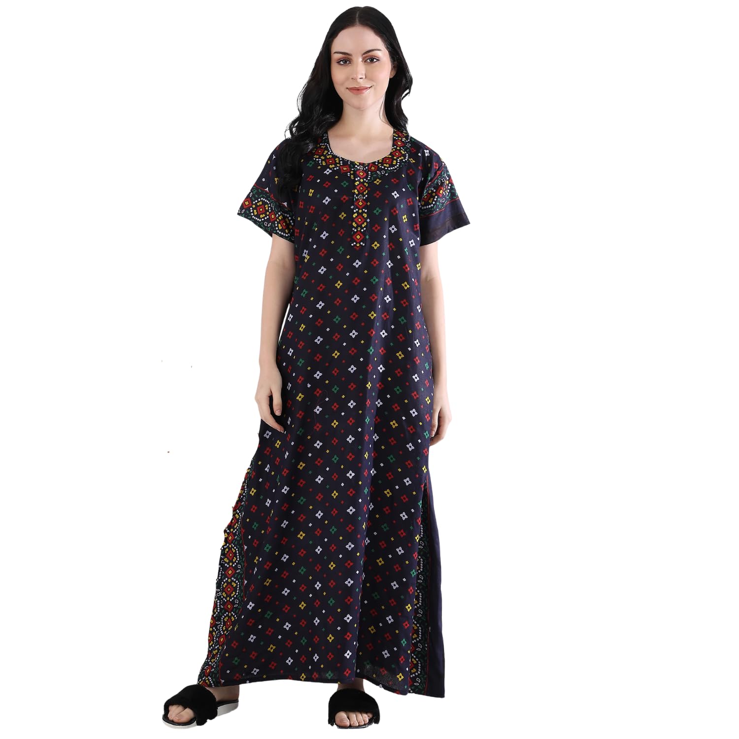 Women's Cotton Nightgown Black with Multicolor Floral Print, Short Sleeve Maxi Dress, Embroidered Printed Full Length Sleep Use-picture-49