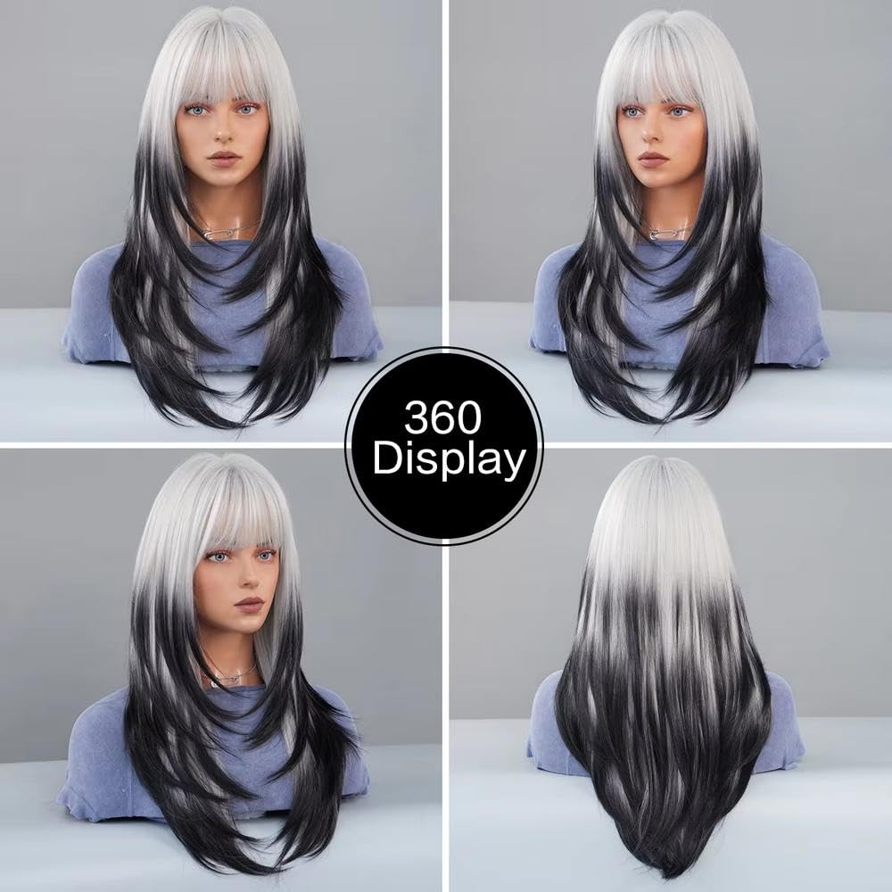 Haarpflege Lange Gerade Geschichtete Schwarze Ombre weiße Perücke Für Frauen Bescheiden Zu Tragen Und Zu Tragen Mit Pony
