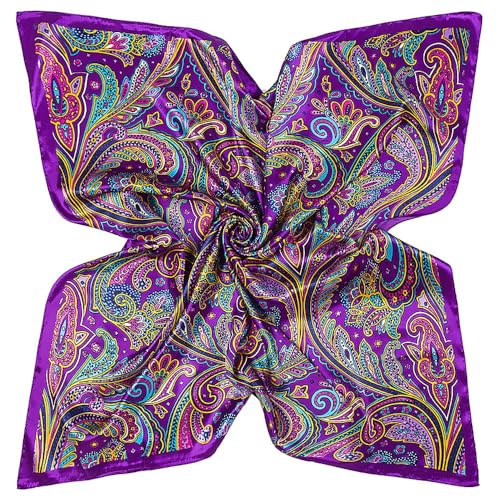 DAMILY Femmes Écharpe Bandana avec Motif Coloré Feuille Soie Aimer Grand Carré Satiné Foulard Tête 90 * 90cm (Violet)