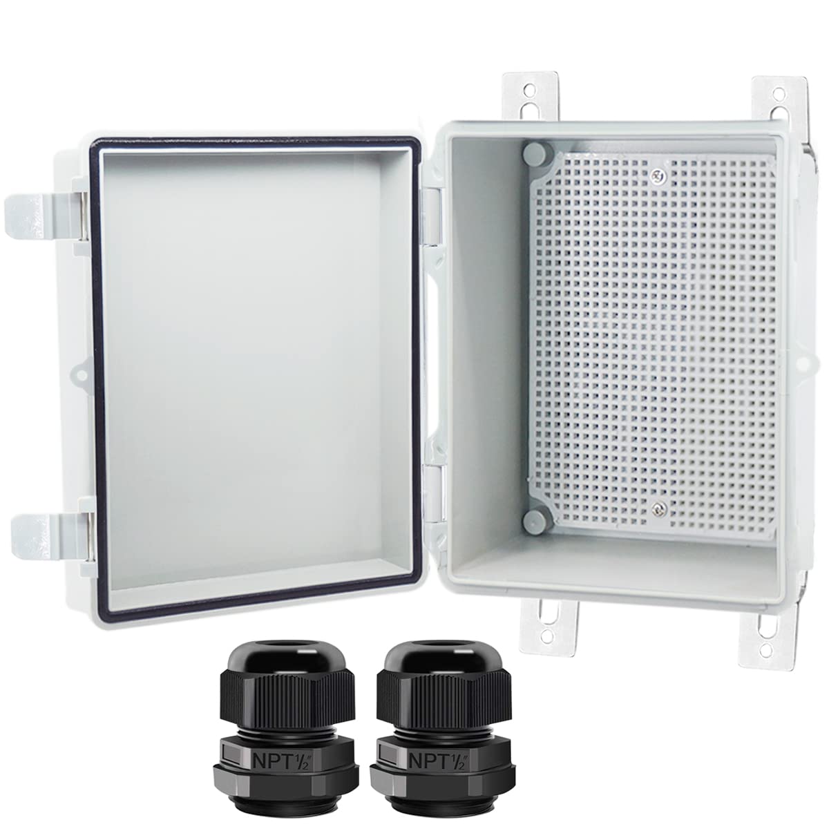 Otdorpatio Junction Box, Hinged Cover IP67 Waterproof ABS Project Box with 2 NPT 1/2" Cable Gland, Electrical Box Enclosure with Mounting Plate & Wall Bracket 8.7 x 6.7 x 4.3inch(220x170x110mm)