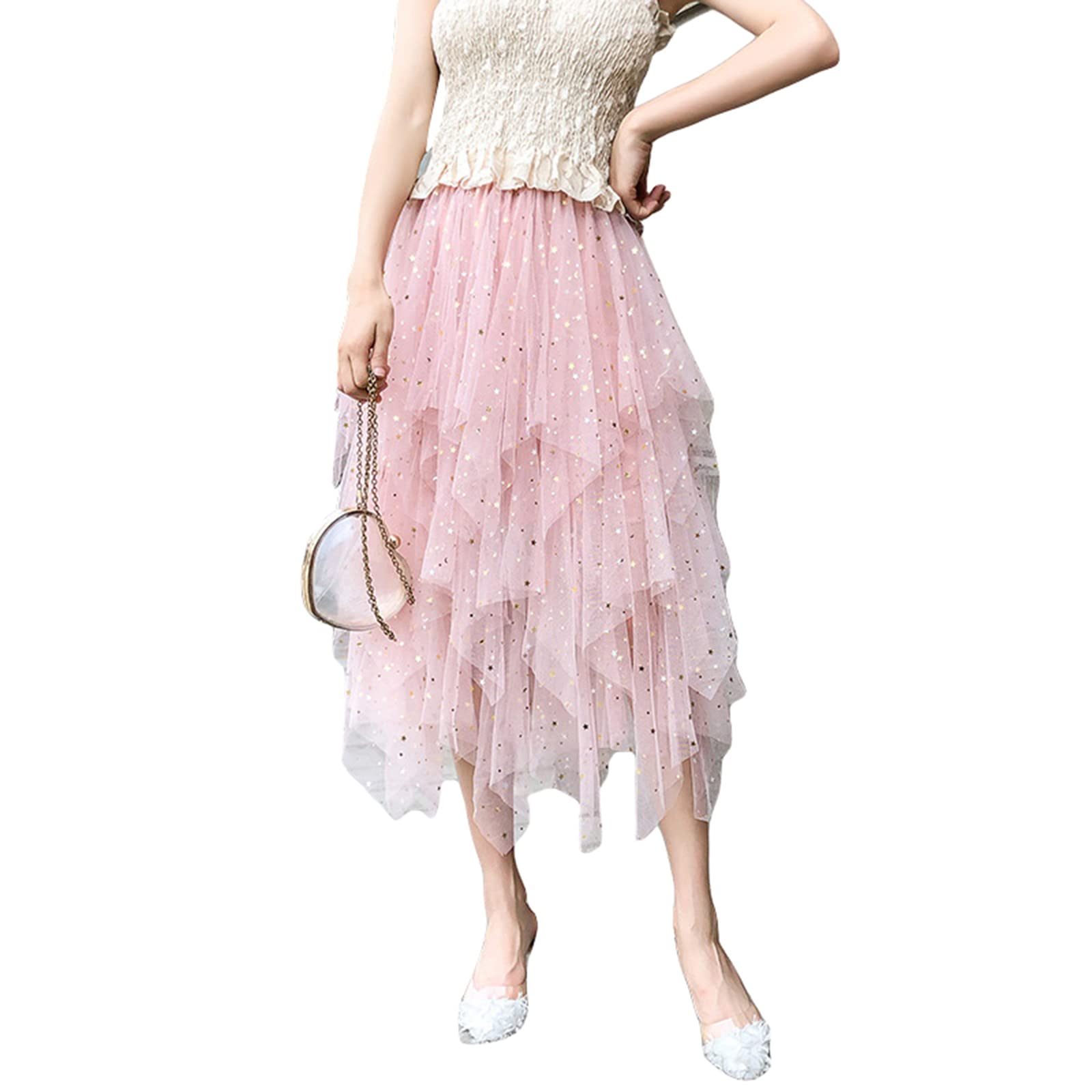 Jupes asymétriques en tulle pour femme - Taille haute élastique - Jupe tutu plissée - Jupe midi décontractée en maille, Rose pailleté, taille unique