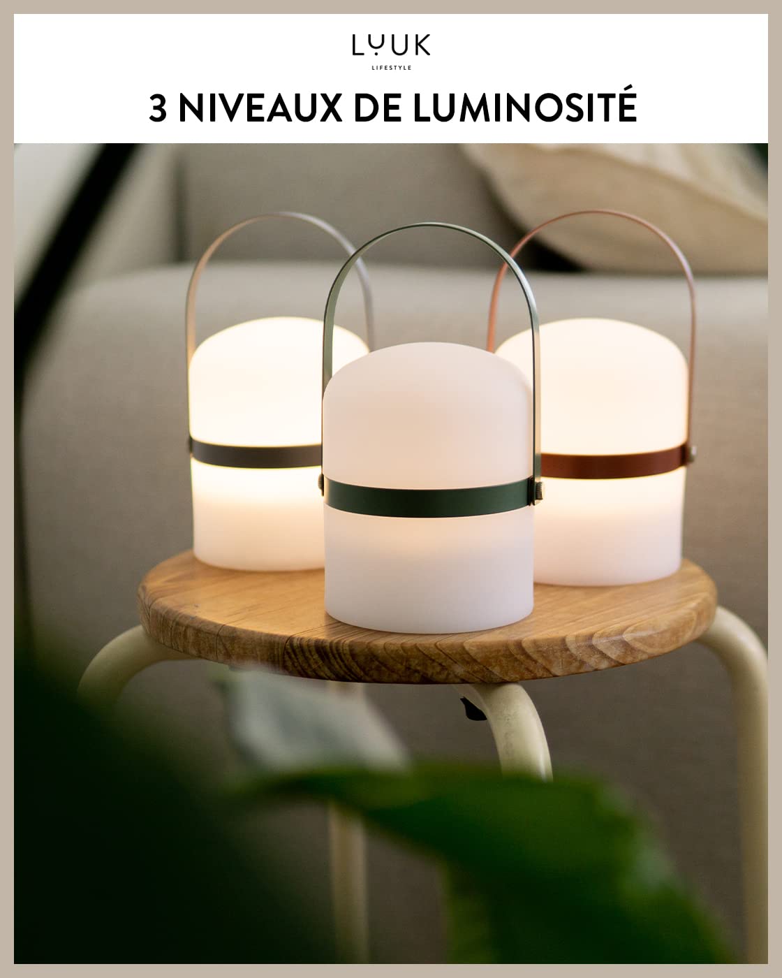 LUUK LIFESTYLE Lanterne LED scandinave avec poignée pour salon, salle à manger et cuisine, lanterne décorative portable avec lumière blanc chaud, en vert