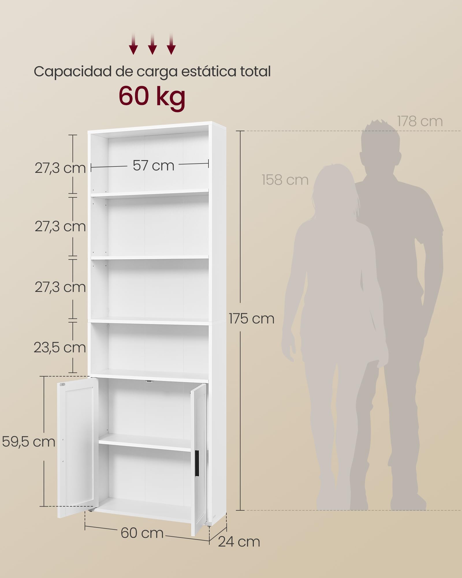VASAGLE Librería, Estantería Vertical de 6 Niveles, con Puertas, 24 x 60 x 175 cm, para Salón, Estudio, Oficina, Comedor, Blanco Nube LBC402W01