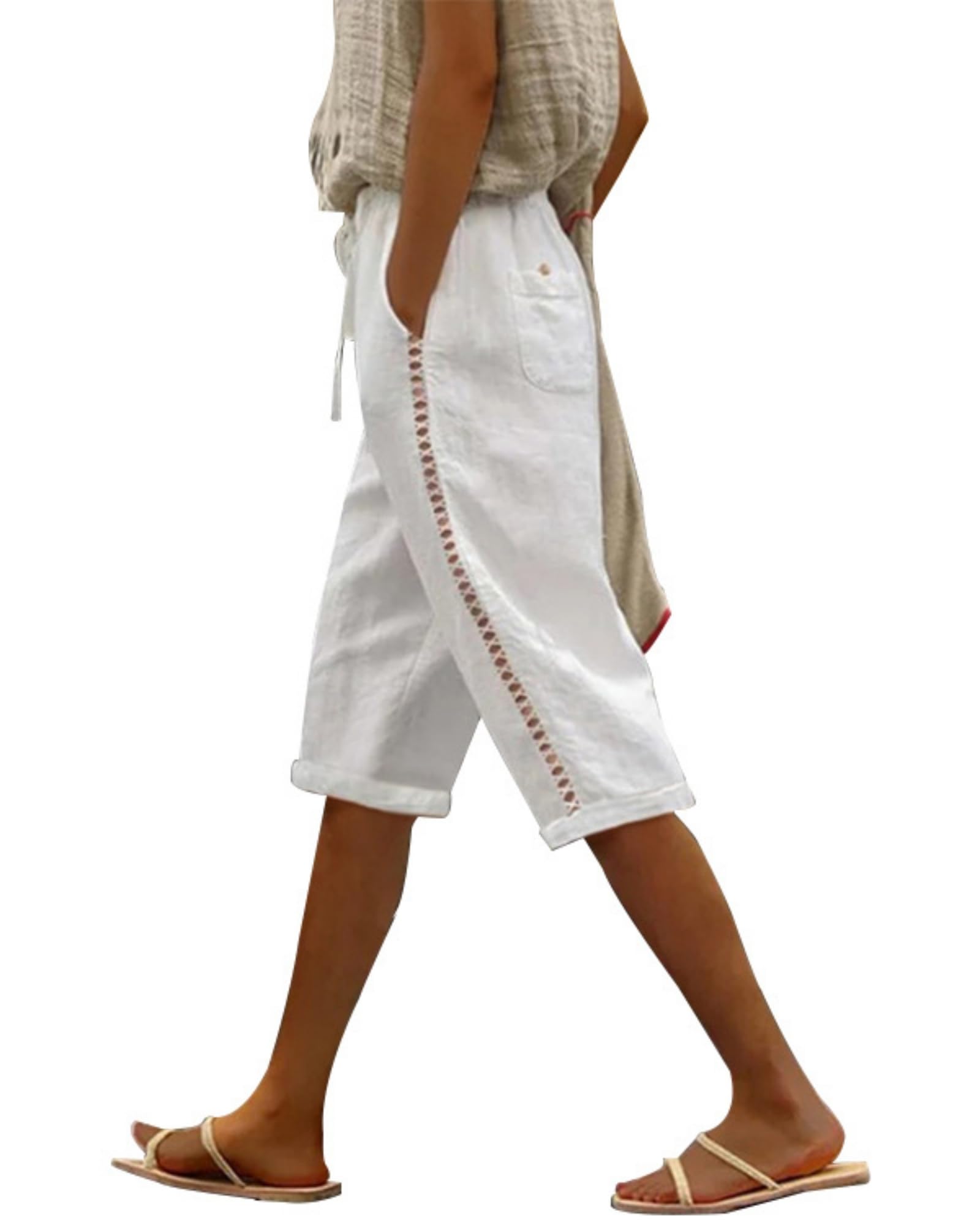 QANSI Women's Cotton Linen Shorts 2025 Casual Loose Knee Length Beach Pants Summer Drawstring Bermuda Shorts with Pockets