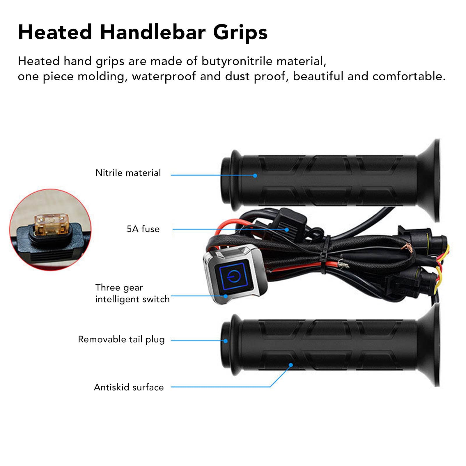 Oumefar 2 Mangos Calefactables para Motocicleta de 12 V, Empuñaduras de Manillar Calefactables Eléctricas Impermeables con Temperatura Ajustable para ATV, Diseño Integralmente