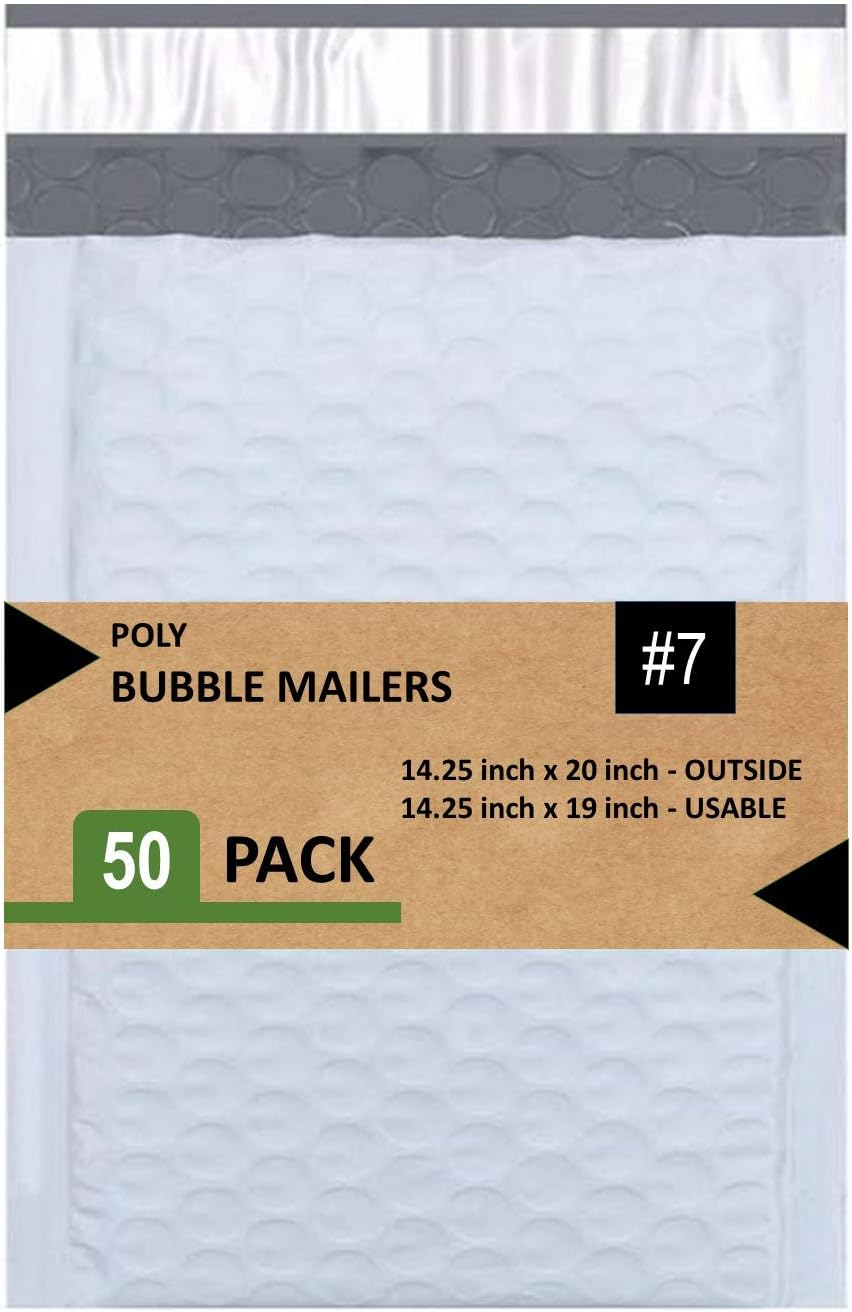 Poly Bubble Mailers, Waterproof & Cushioned Padded Envelopes for Shipping, 14.25 x 20 in (50 Pack, White)