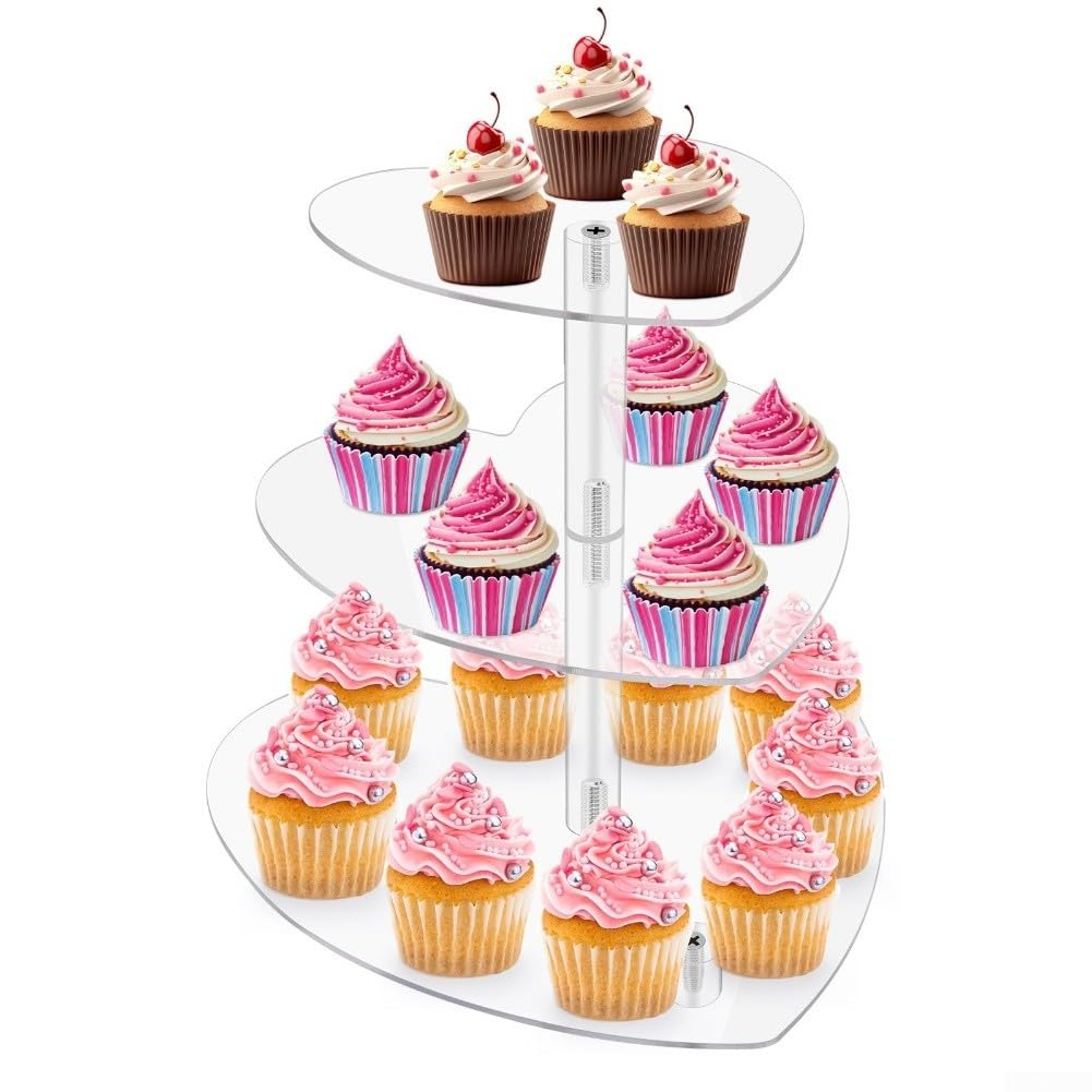 Soporte acrílico para cupcakes de 3 niveles con forma de corazón, grado alimenticio, para bodas, fiestas, cumpleaños y baby showers, con capacidad para hasta 25 cupcakes