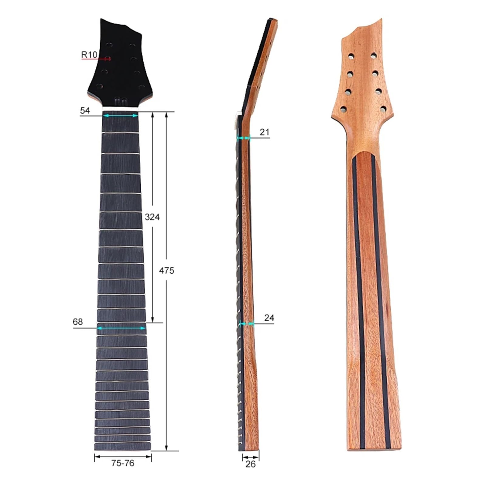 8-saitiger E-Gitarrenhals, 24 Bünde, Okoume-Holzhals, schwarzer Kopf mit doppeltem Halsstab, doppelte Rückenlinie, 7,5 cm Absatzbreite