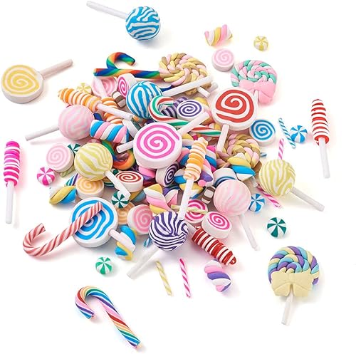 Miniatura 6 de Beadthoven - Juego de 140 piezas de cabujones de arcilla polimérica de caramelo de piruleta, 9 estilos hechos a mano, coloridos dulces de caramelos,