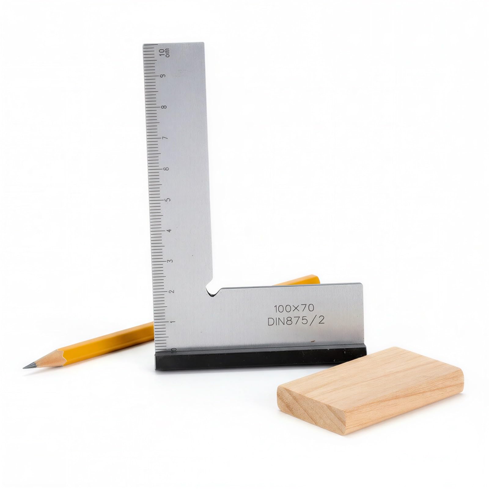 Präzisions-Anschlagwinkel 4,13" x 2,76", DIN 875 Klasse 2, Maschinistenwinkel mit Sitz, 90°-Stahlwinkel aus Karbonstahl, mit 0 bis 10 cm Skala, für Holz und Metall, zum Anreißen und Prüfen