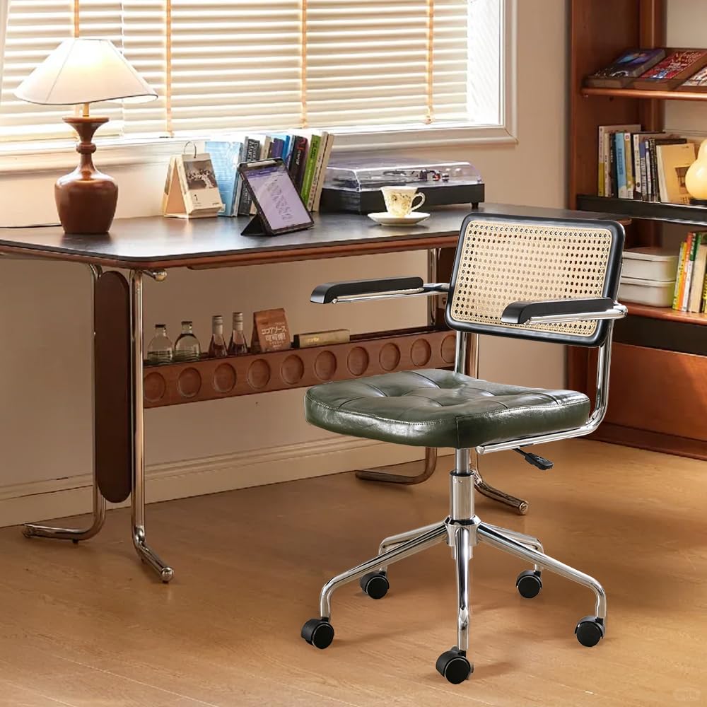 Zesthouse Modern Home Office Chair Leather Desk Chair with Rattan Back, Vanity Chair for Girls Women, Upholstered Tufted Swivel Armchair for Bedroom, Height Adjustable Computer Task Chair
