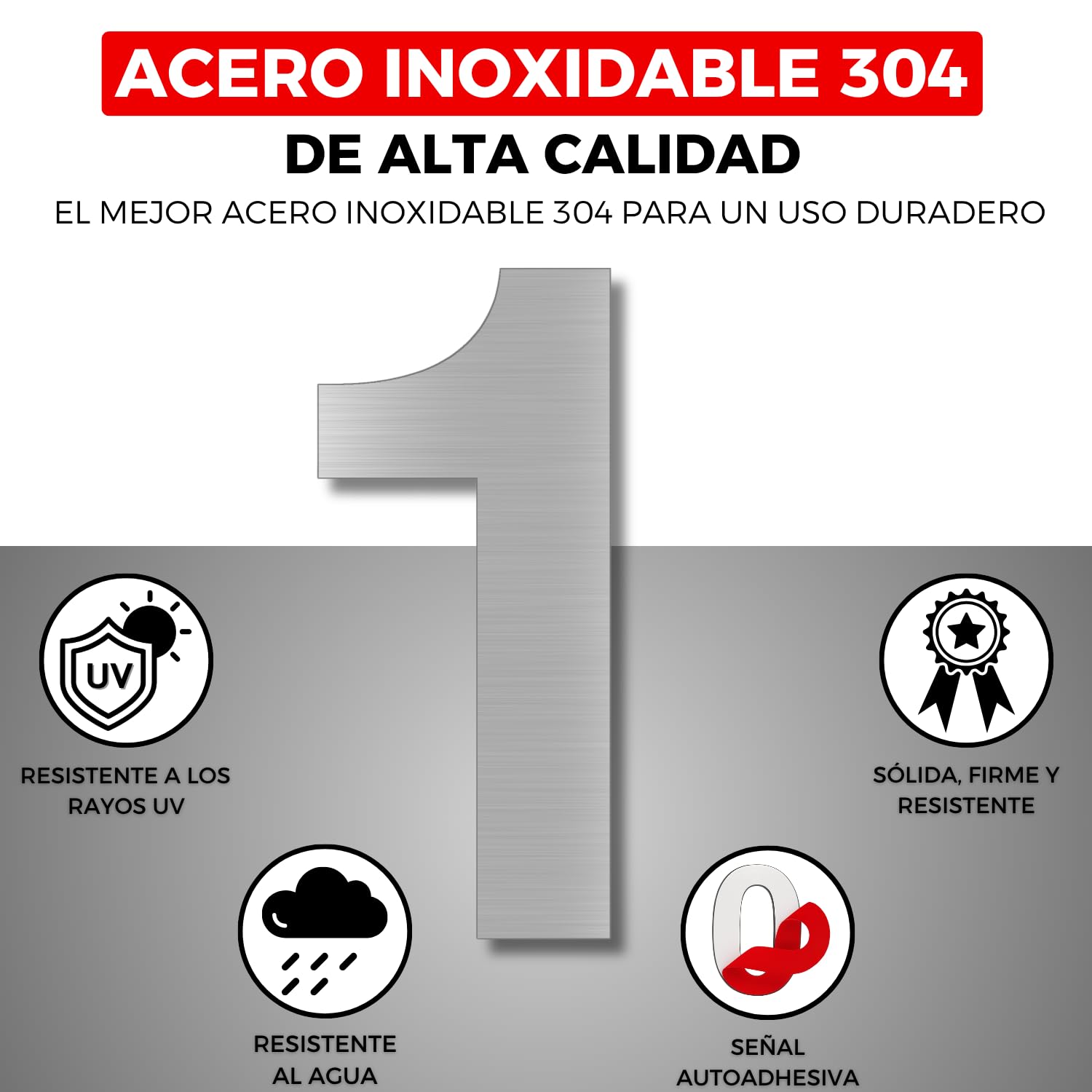 Numero Adesivo - 100 mm - Acciaio Inossidabile 304 - Nº 1 - Numero Hotel - Numerazione Appartamenti Porte - Numero Civico - Esterno e Interno - Grigio 1 (1, 100mm)