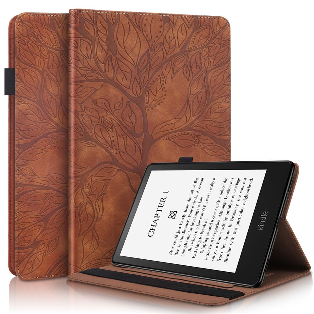 Generic Compatible con Kindle Colorsoft Signature Edition (1ª generación) 2024 Color: marrón Funda tipo cartera de piel, diseño de árbol
