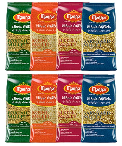 Manna Millets – Natural Grains Combo Pack of 8 | Unpolished Siridhanya Millets | Foxtail 1kg, Kodo 1kg, Little 1kg, Barnyard 1kg | Certified Low GI Millet Rice| High Protein, 100% more Fibre than Rice Manna Millets – Natural Grains Combo Pack of 8 | Unpolished Siridhanya Millets | Foxtail 1kg, Kodo 1kg, Little 1kg, Barnyard 1kg | Certified Low GI Millet Rice| High Protein, 100% more Fibre than Rice