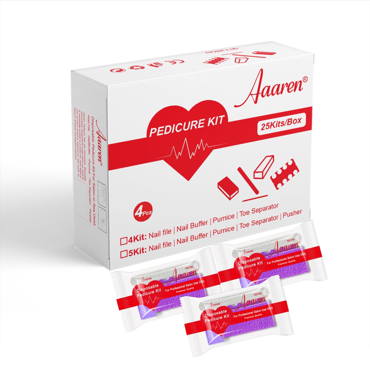 4-Piece Pedicure Kit, 25kits/Boxes, Individually-Packed, Purple Pumice Pad, Zebra Wood Nail File 80/100 Grit, Mini Buffer 80/100 Grit, Toe Seperator