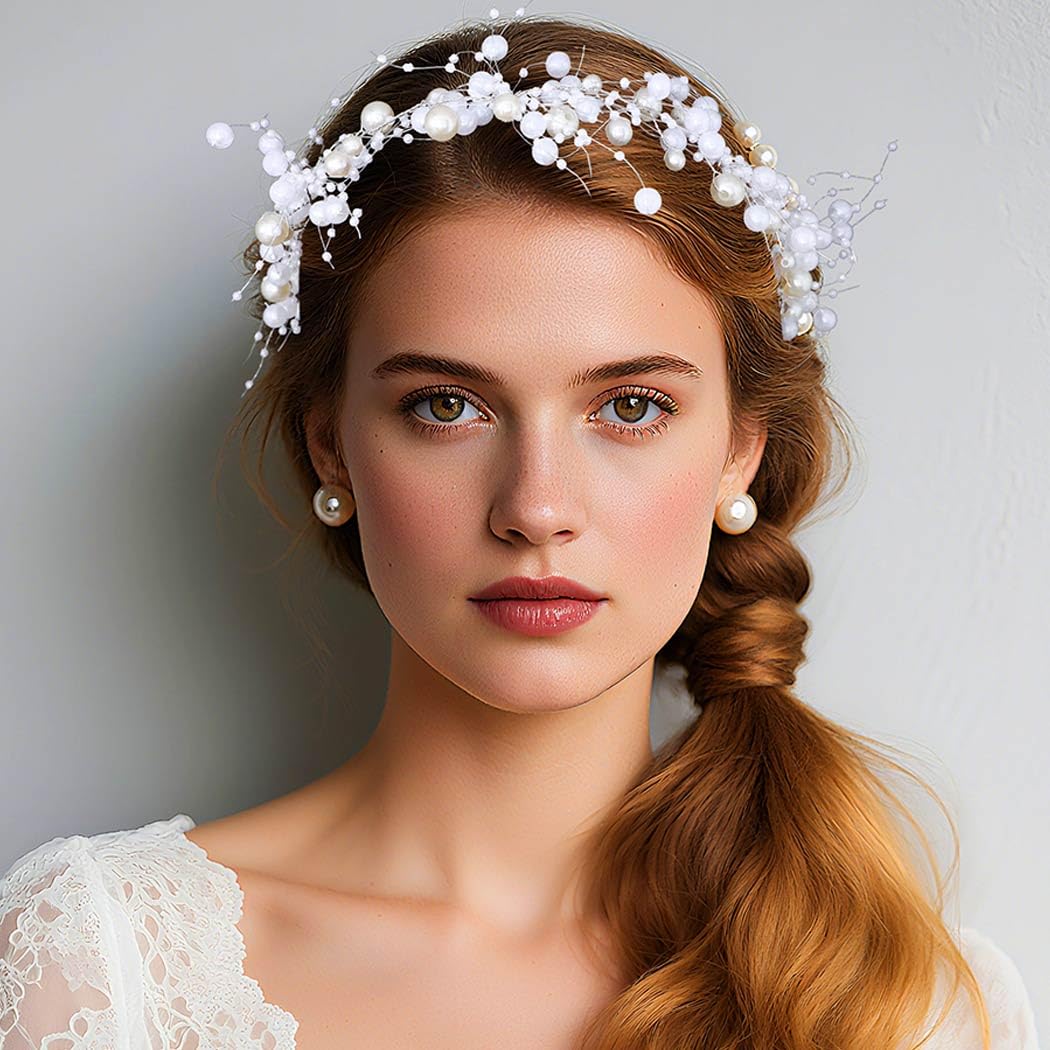 Catery Pearl Wedding Headband Bridal Hair Vine Headpiece Tassel Bride Accessories for Women (White) - Image 3