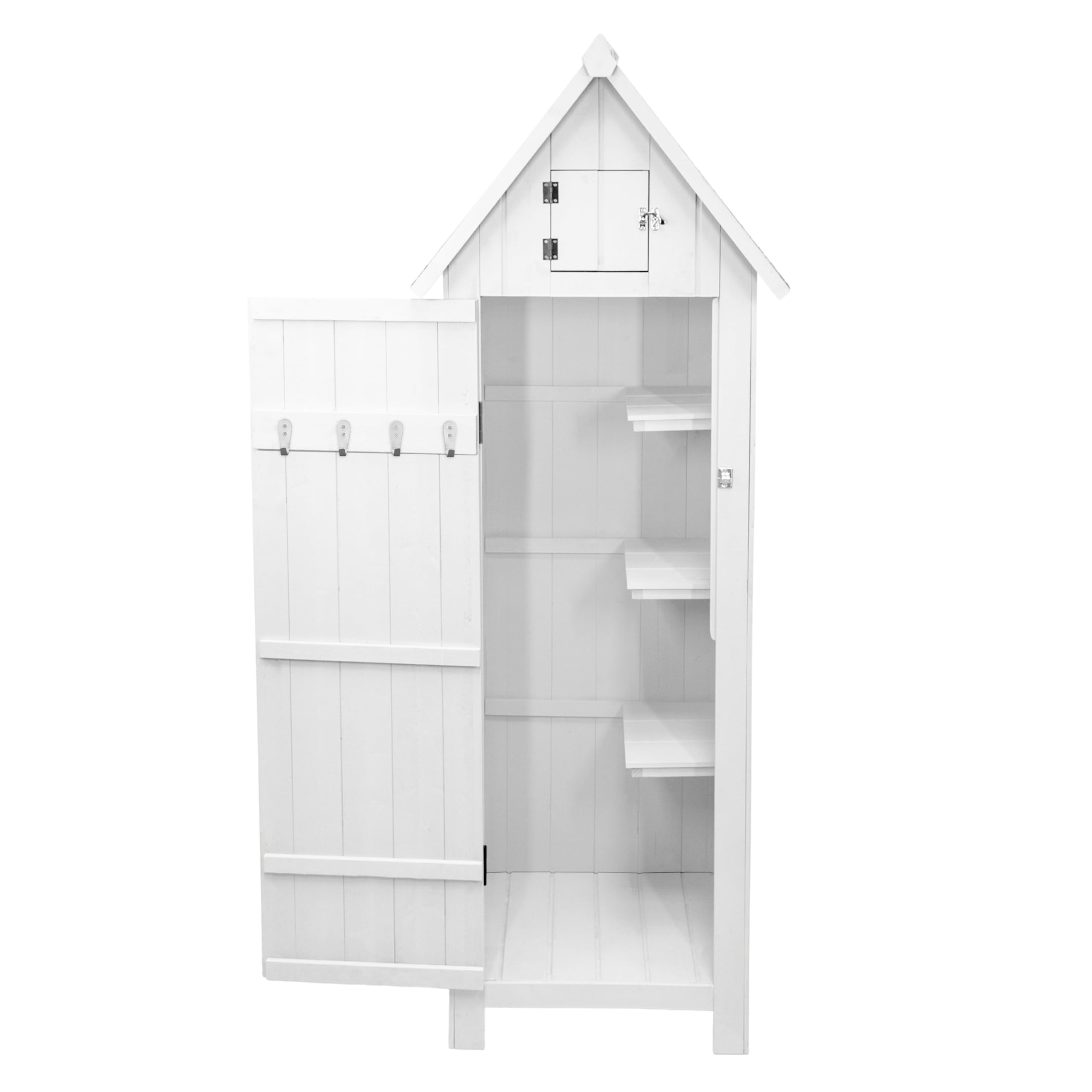 Gartenschrank aus Holz [Weiß], Wasserfest, Abschließbare Türen, 3 Regale 4 Haken, Dachluke, Bodenbefestigungskit, Schraubenabdeckungen, Asphaltdach [INKL. Vorhängeschloss & 4 Schlüssel]