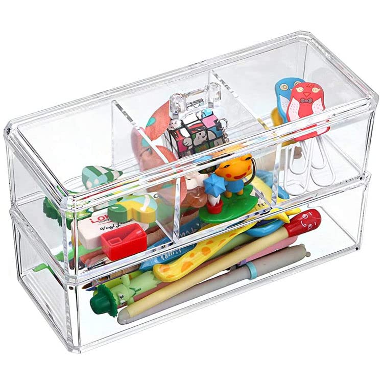 Snazzy Stackable Clear Plastic Organizer Drawers With Lid, 2 Piece Set, Organize Cosmetics and Beauty Supplies on a Vanity - Save Space Gadgets Jewelry Storage Box Display for Makeup 3