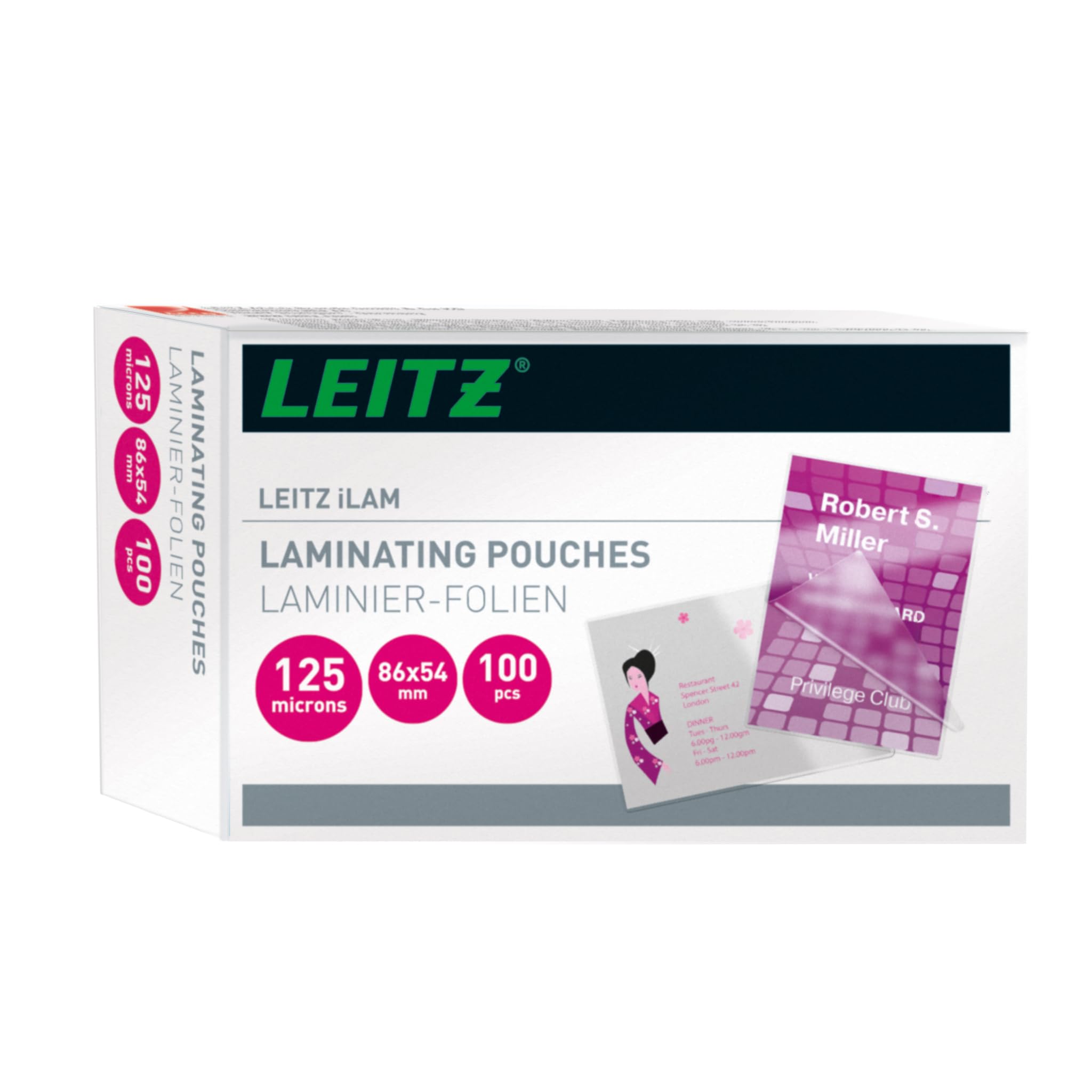 Leitz 33810 Laminating Pouches Made of 125 Micron Thick Material (Transparent, Glossy, Credit Card) - Pack of 100