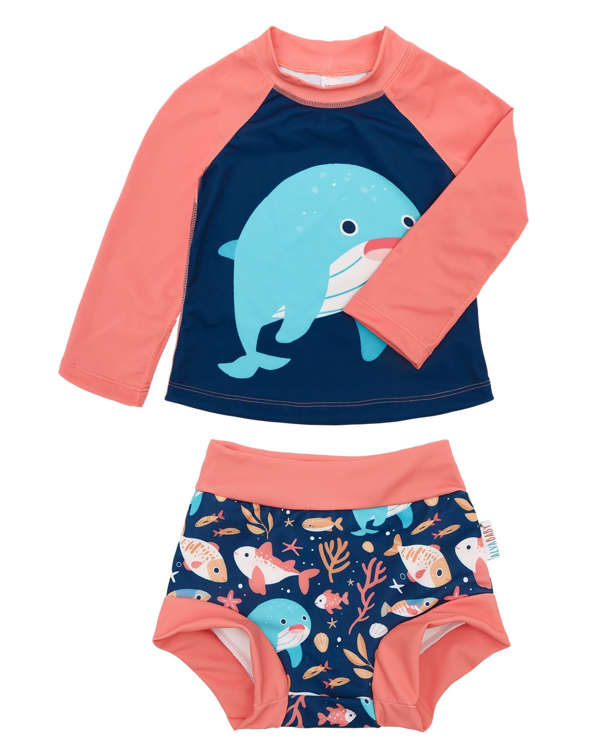 ALVA 2 Pcs Long Sleeve Rash Guard Swim Diaper Sets, Baby Toddler Swimsuit UPF 50+ Sun Protection for Boy and Girl