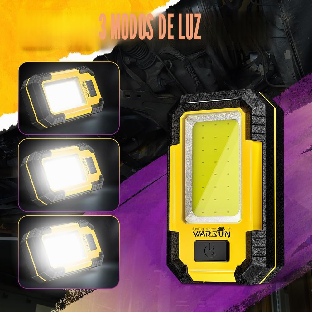 WARSUN Pack de 2 LED Linterna Taller Recargable Portátil Linterna de Trabajo con Base Magnética y Gancho 30 W 1200 lúmenes Súper Brillante para Reparación(Amarillo)