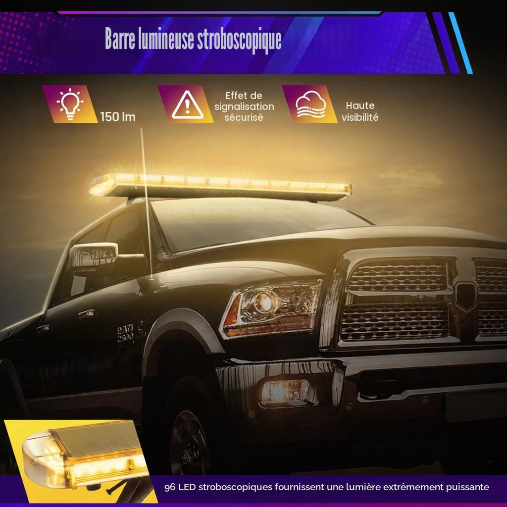 Barre d'avertissement LED - 1310 mm - Lumineuse 96 W AC12-24 V - Pour dépanneuse - Gyrophare - Lampe d'avertissement d'urgence - Toit de camion - Jaune