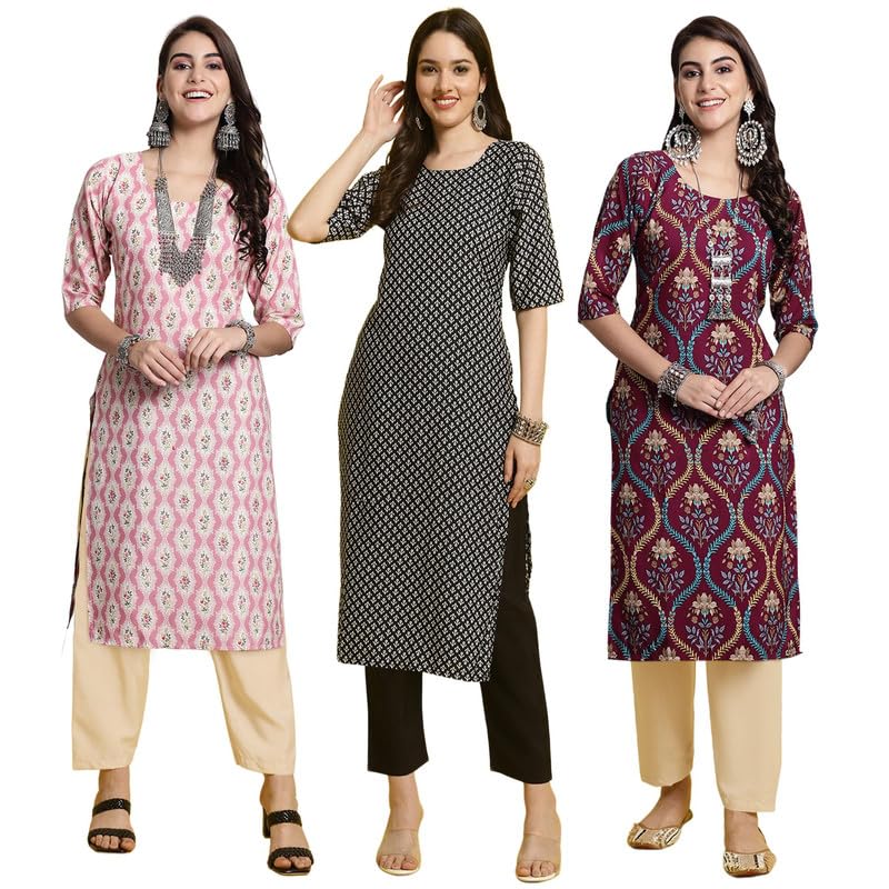 Pinkmint Women's Crepe Printed Kurta And Pant Set (Pack Of 3)