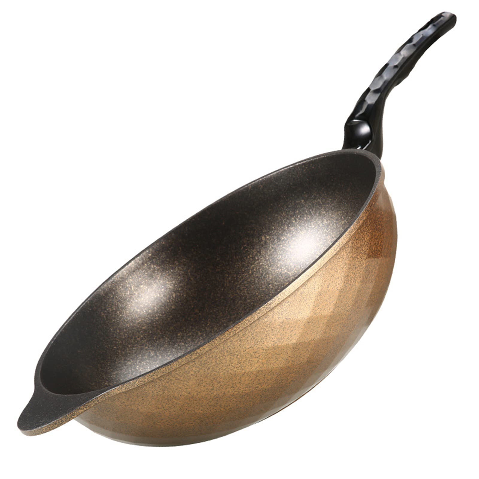 Patelnia woka, nieprzywierająca patelnia indukcyjna z pokrywką, patelnia do mieszania z kutego odlewu aluminiowego, 3-warstwowa powłoka zapobiegająca przywieraniu bez PFOA, granit (złota 32 cm)