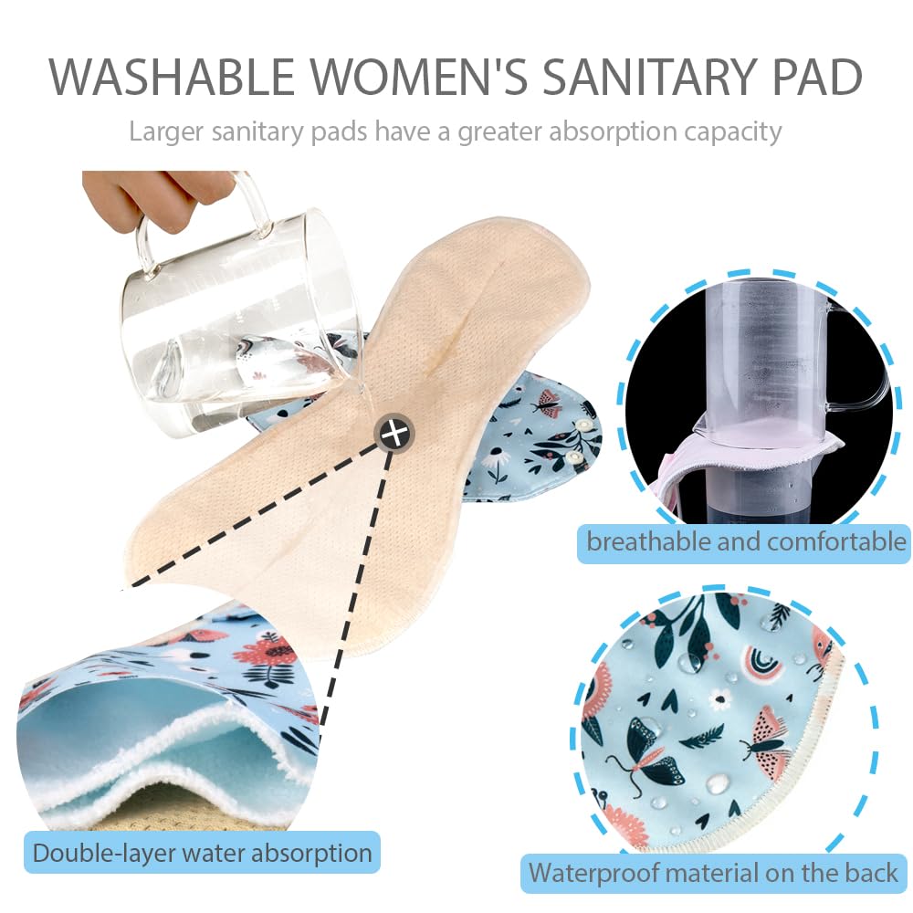 AIO Reusable Washable Cloth Menstrual Pads Sanitary Pad for Woman Large Size(4.72 * 11.8/5.51 * 13.4/6.3 * 14.96inch) Including 5 pcs Pads with 1 Wet Bag