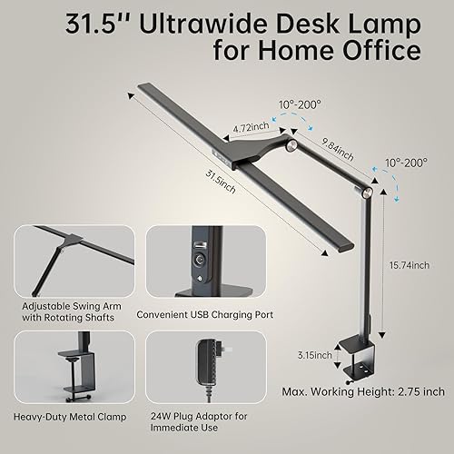 Miniatura 6 de Lámpara de escritorio LED para oficina en casa, luz de lectura de 24 W con abrazadera, puerto de carga USB, 7 modos de brillo, 5 colores, función de